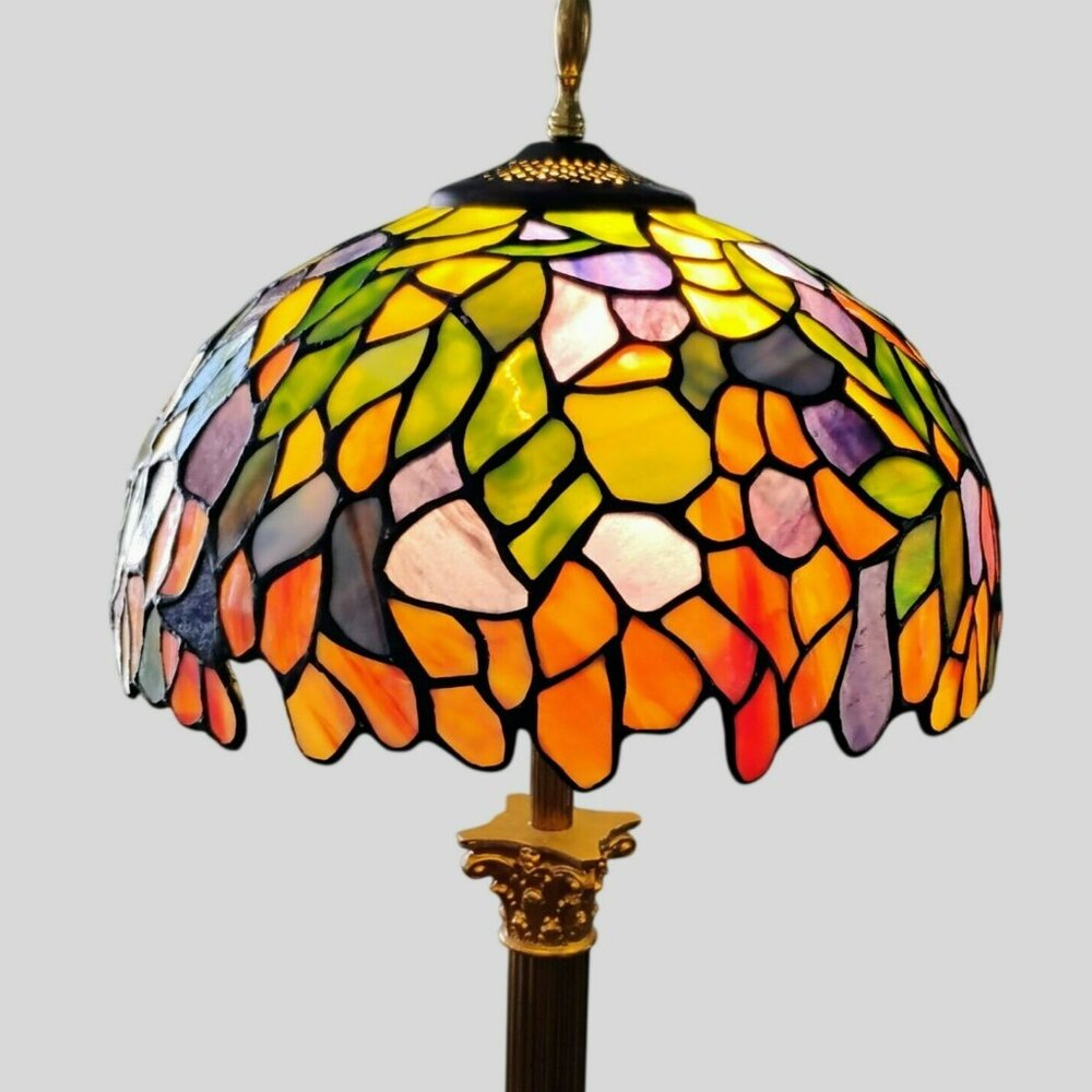 Vintage Dale Tiffany Stained Glass Lamp Shade, Signed 12" Colorful Leaf Pattern